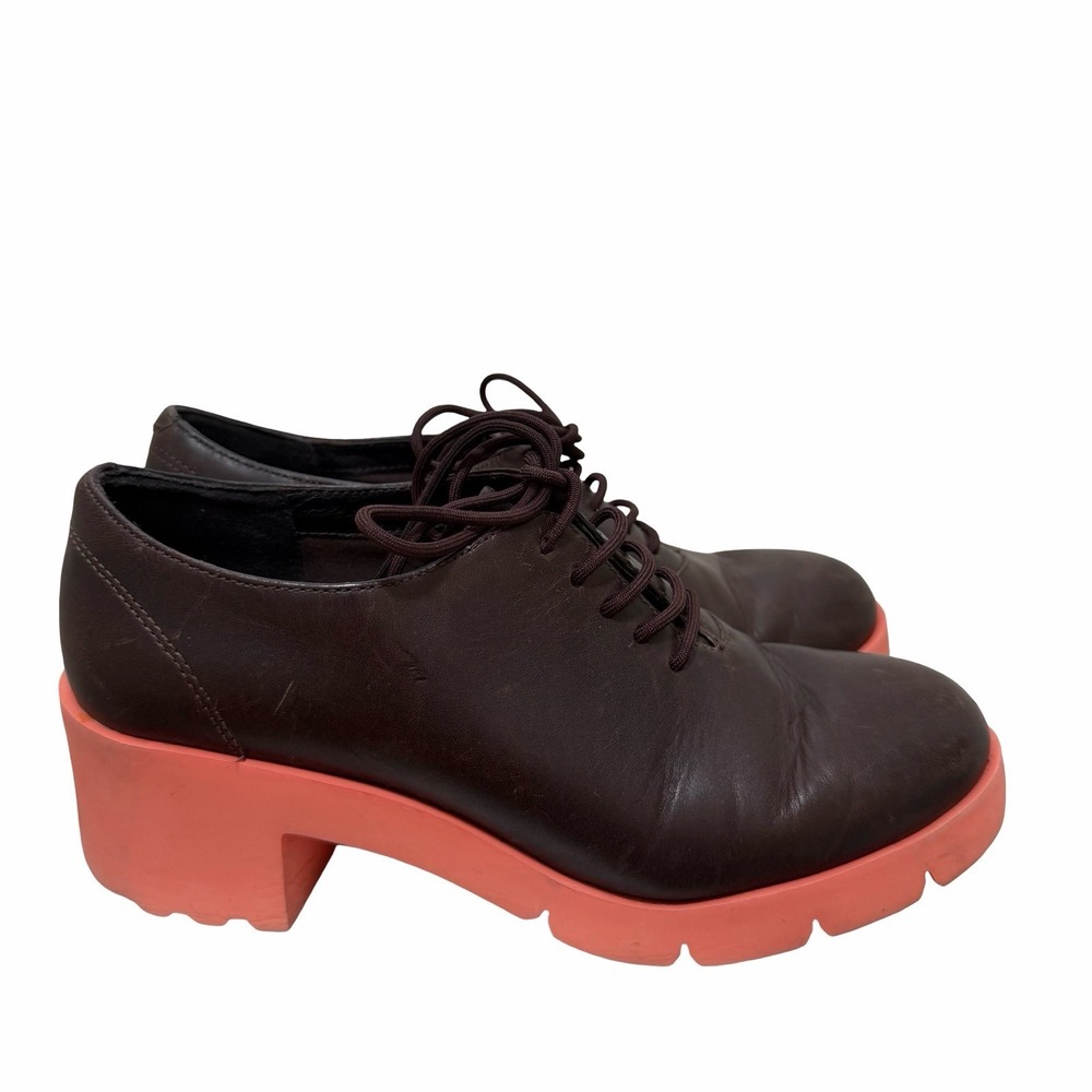 Camper Wanda Leather Heeled Lace Up Shoes Womens US 7 EU 37 Brown Retro Loafers